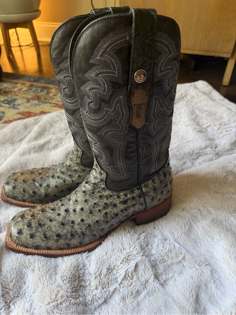 Tanner Mark Full Quill Ostrich Western Boots — Distressed Gray/Black - Men’s 9.5